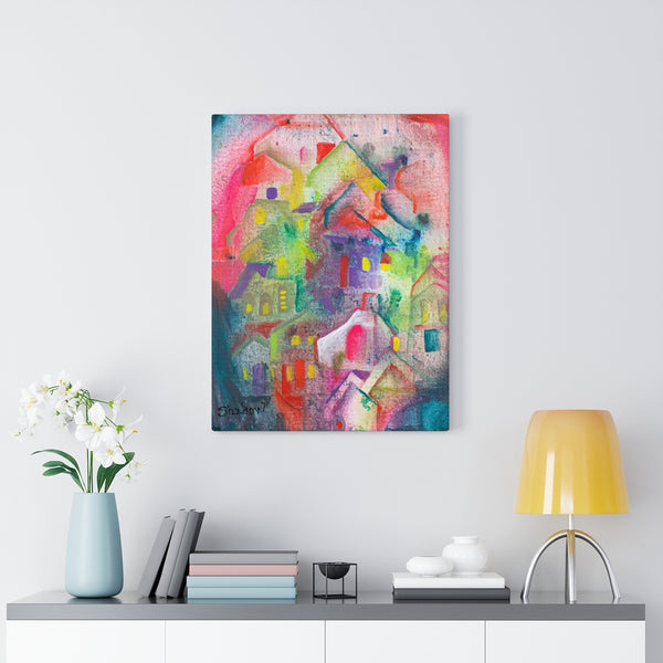 Print, Abstract Art, Folk Art, Painting, Canvas Print, Art Print, Canvas Gallery Wraps,"Mountain Town"
