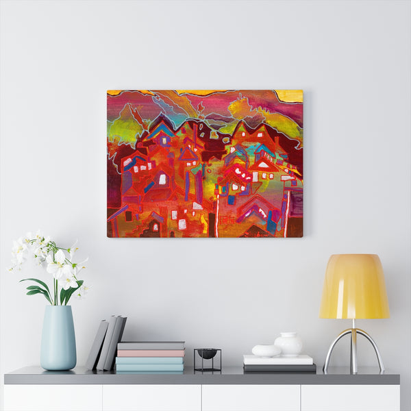 Print, Abstract Art, Folk Art, Painting, Canvas Print, Art Print, Canvas Gallery Wraps, "Quaint Town"